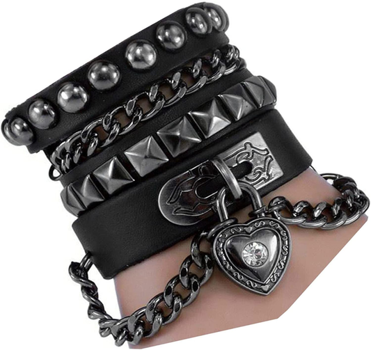 Rivet Bracelet Multilayer Black Leather Cuff Heart Pendant Bangle 
