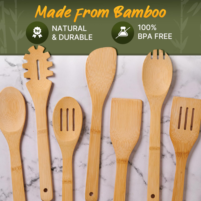 Bamboo Wooden Cooking Utensil Set - 7 Pcs Heat Resistant Kitchen Tools