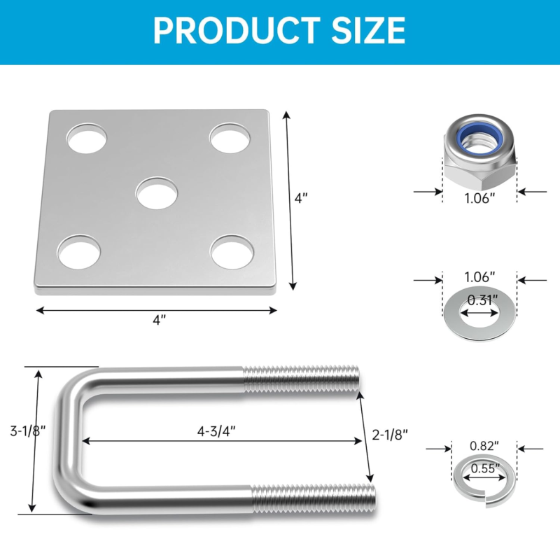 Heavy Duty Square U-Bolt Kit for Boat Trailer Axle Leaf Springs