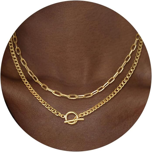 14K Gold Layered Cuban Link & Paperclip Chain Necklace for Women