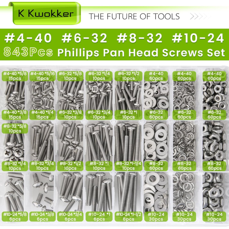 843 Pcs Assortment Kit Phillips Pan Head Machine Screws, 21 Sizes 304 Stainless 