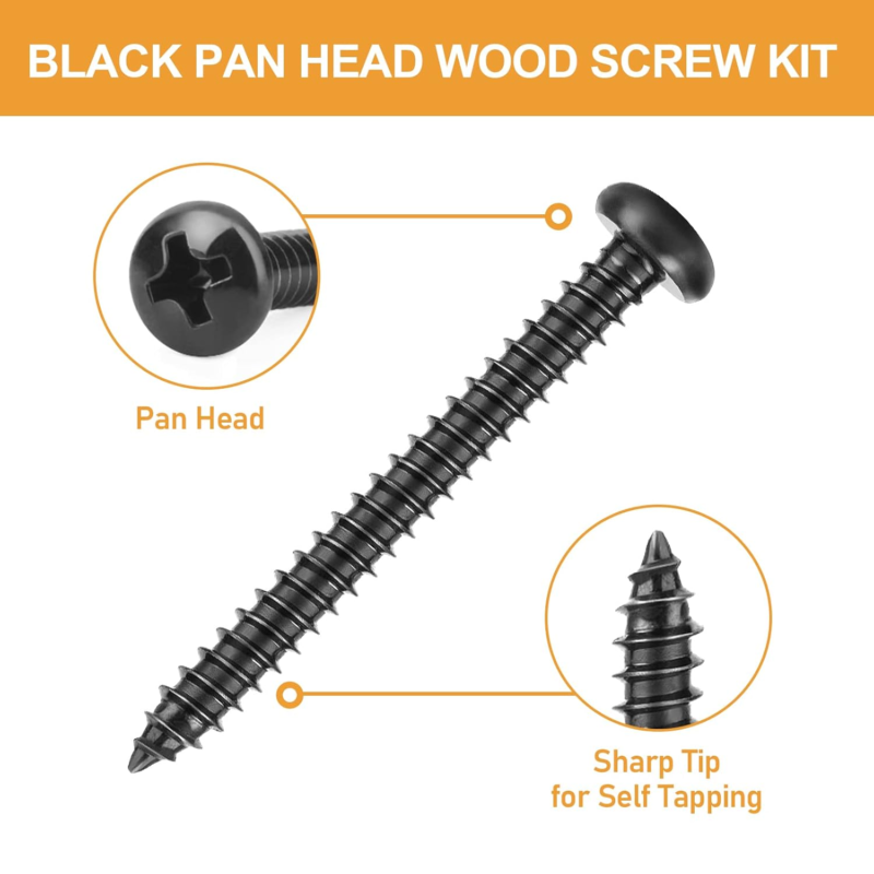 260PCS Black Wood Screws Kit, #6#8, 304 Stainless Steel Pan Head, Black Oxide