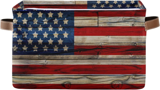 American Flag Wooden Patriotic Storage Basket Bin Vintage USA Flag 4Th of July L