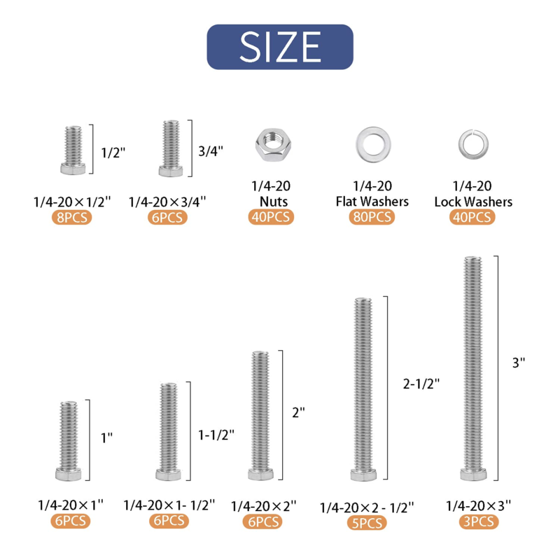 200PCS Nuts and Bolts 1/4-20 X 1/2”, 3/4”, 1”, 1-1/2”, 2”, 2-1/2”, 3” Carbon Ste