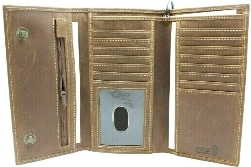 Men's Biker's Trucker RFID, Long Checkbook Leather Trifold Chain Wallet  