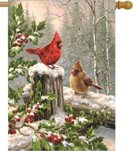 28 X 40 Double Sided, Cardinal Holly Berry Branches Snow Welcome Winter Garden B