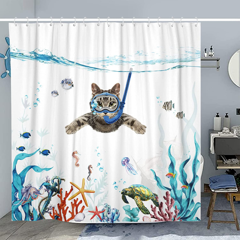 Funny Cat Shower Curtain Teal Blue Sea Ocean  