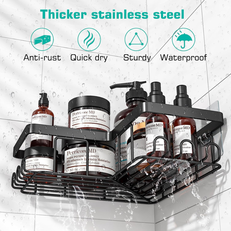 Corner Shower Caddy 3-Pack Adhesive, Soap Holder and 12 Hooks, Stainless Steel  