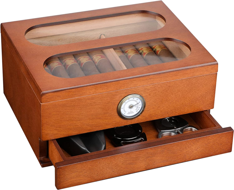 Cigar Humidor with Hygrometer Humidifier & Accessory Drawers-Holds 20-35 Cigars