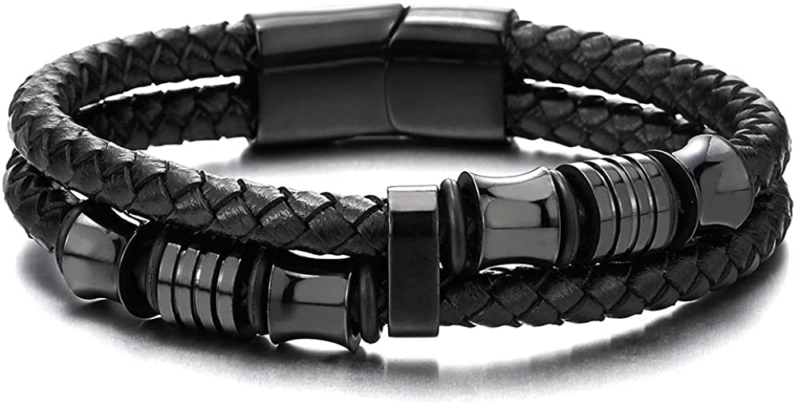 COOLSTEELANDBEYOND Mens Double-Braided Leather Bracelet Bangle Wristba