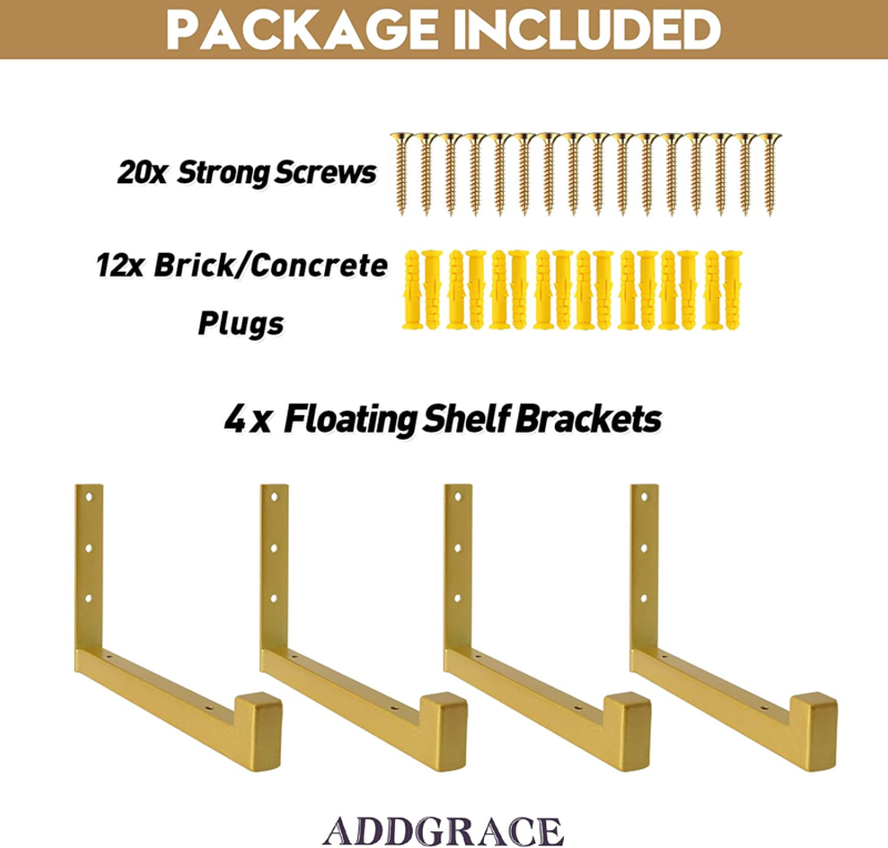 Gold Color Shelf Brackets 4 Pcs Heavy Duty Wall Mounted with Lip Floating 8 Inch