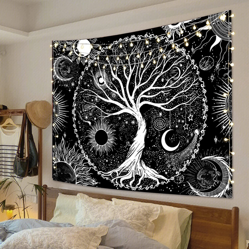 Tree of Life Tapestry Black and White Wall Tapestry for Bedroom Sun and Moon 