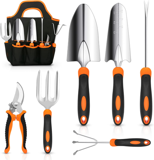 Garden Tool Set Stainless Steel Heavy Duty- Non - Slip Rubber Grip and Tote Bag 