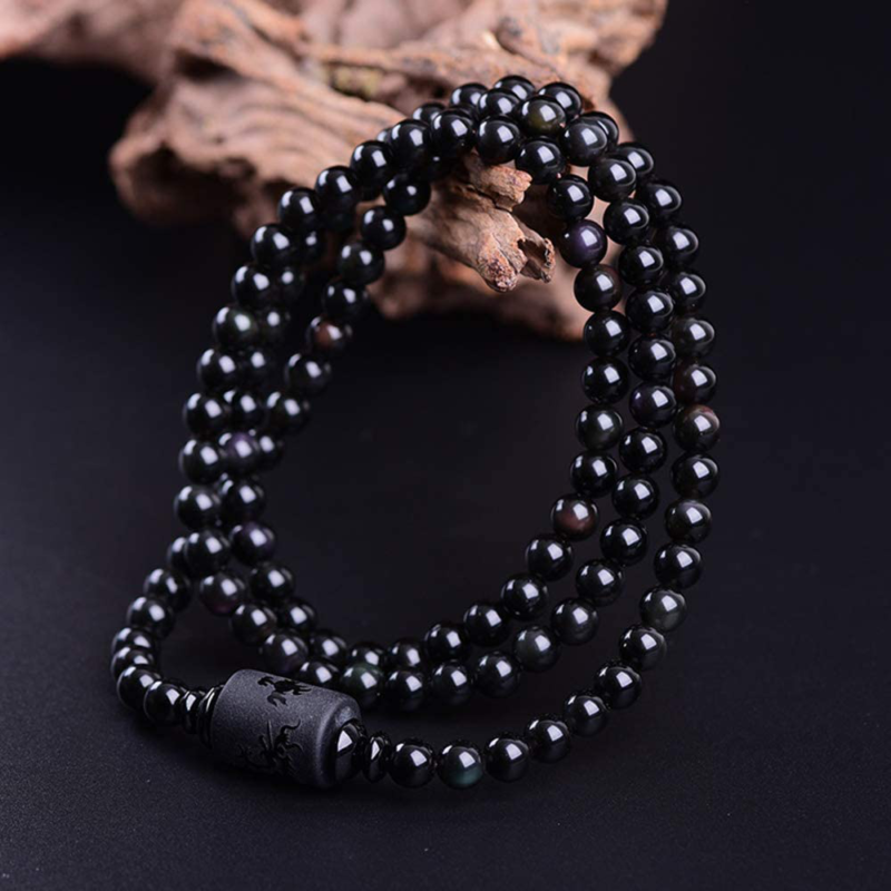 Crystal Obsidian Bracelet With Dragon Egraved Totem Clinder Bead, UNISEX