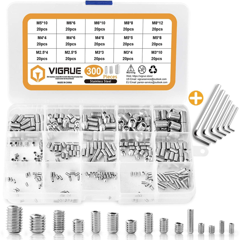 300Pcs M2.5/M3/M4/M5/M6/M8 Hex Allen Head Socket Set Screw Bolts Assortment Kit 