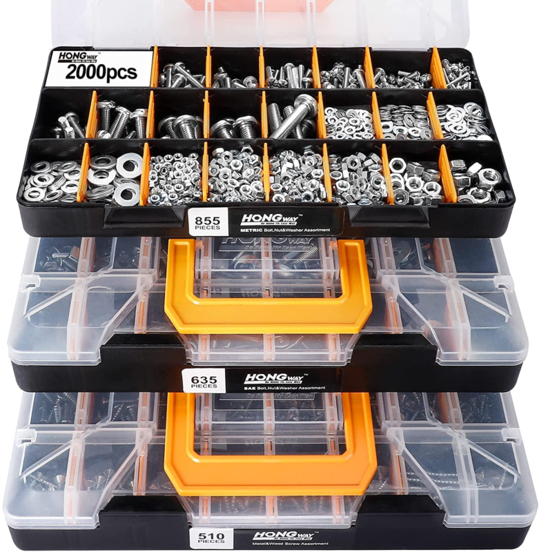 2000 Pc Hardware Assortment Kit with 64 Size Bolts, Nuts & Washers