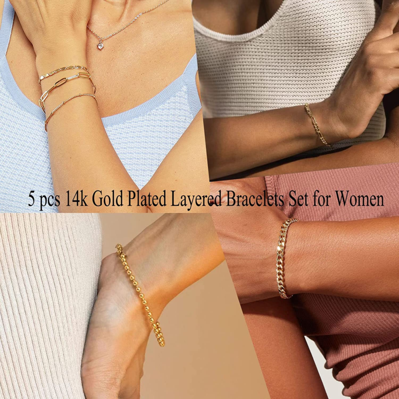 Dainty Gold Chain Bracelets Set, 14K Gold Plated Link Chain  Adjustable 7"+2"