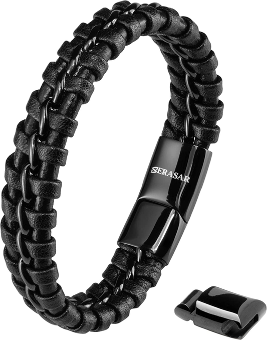 Premium Genuine Leather Bracelet for Men in Black Magnetic Stainless Steel Clasp