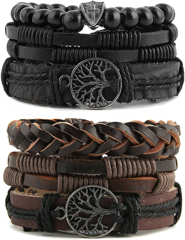 Genuine Leather Tree of Life Bracelets Men Women, Tiger Eye Natural Stone 