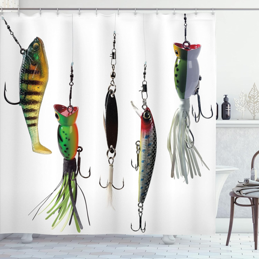 Fishing Decor Shower Curtain, with curtain hanging hooks, 69" W by 70" L 