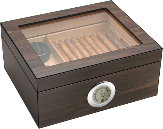 Glass Top Desktop Humidor Cigar Box with Digital Hygrometer, Humidifier holds 25