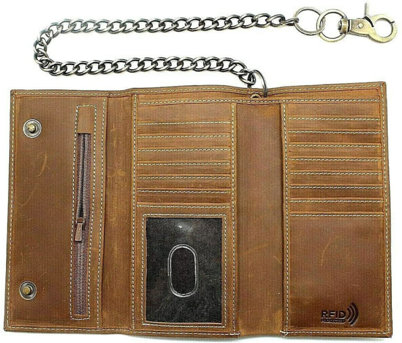 Men's Biker's Trucker RFID, Long Checkbook Leather Trifold Chain Wallet  