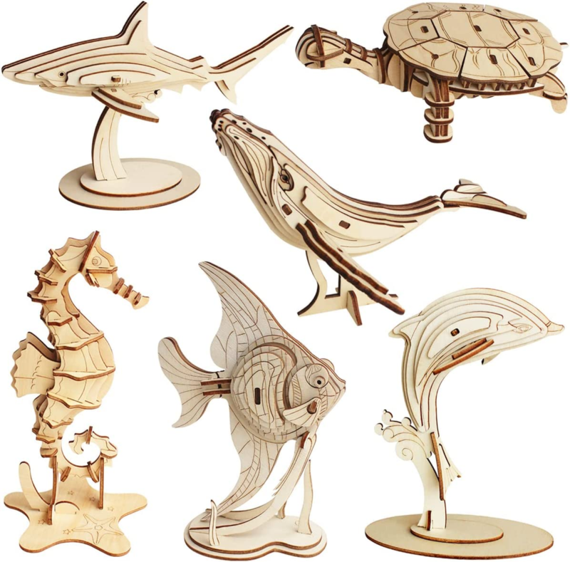 3D Wooden Sea Animal Puzzle - 6 Piece Set Wood Sea Animals  