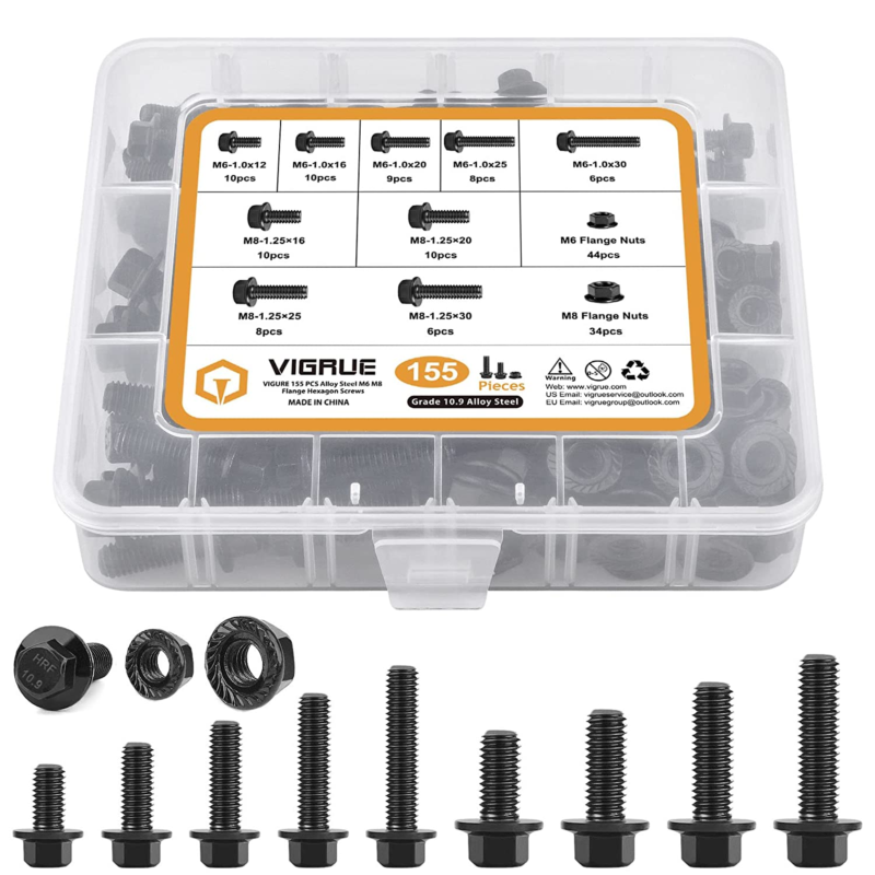 155PCS M6-1.0 M8-1.25 Flanged Hex Bolts, M6 X 12/16/20/25/30Mm and M8 X 16/20/25