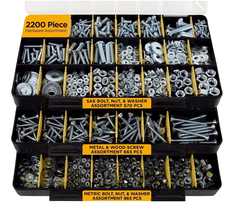 2,200 Piece Hardware Assortment Kit with Screws, Nuts, Bolts & Washers (3 Trays)