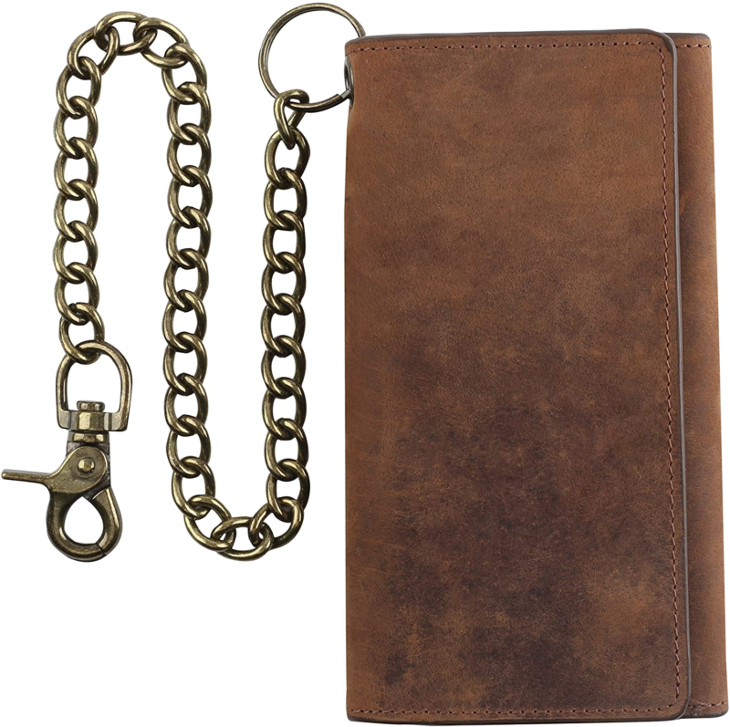 RFID Blocking Mens Tri-fold Long Style Cowhide Leather Steel Chain Wallet, (ONE,