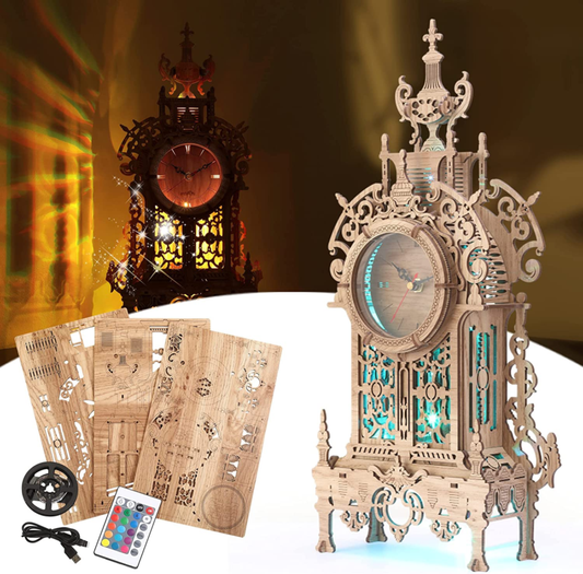 3D Wood Puzzle LED Tower Clock Model, Desktop Clock Model DIY, (LED