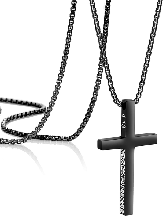 Cross Pendant Necklace for Men, Black Plated Stainless Steel, 24"