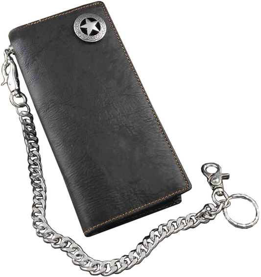 Biker Rock Star Concho Mens Card Money Long Black Real Leahter Wallet with Chain