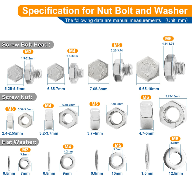 552PCS M3 M4 M5 M6 Hex Head Bolts and Nuts Set, 304 Stainless Steel External Hex