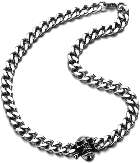COOLSTEELANDBEYOND Mens Stainless Steel Curb Chain Skull Necklace Silver Color G