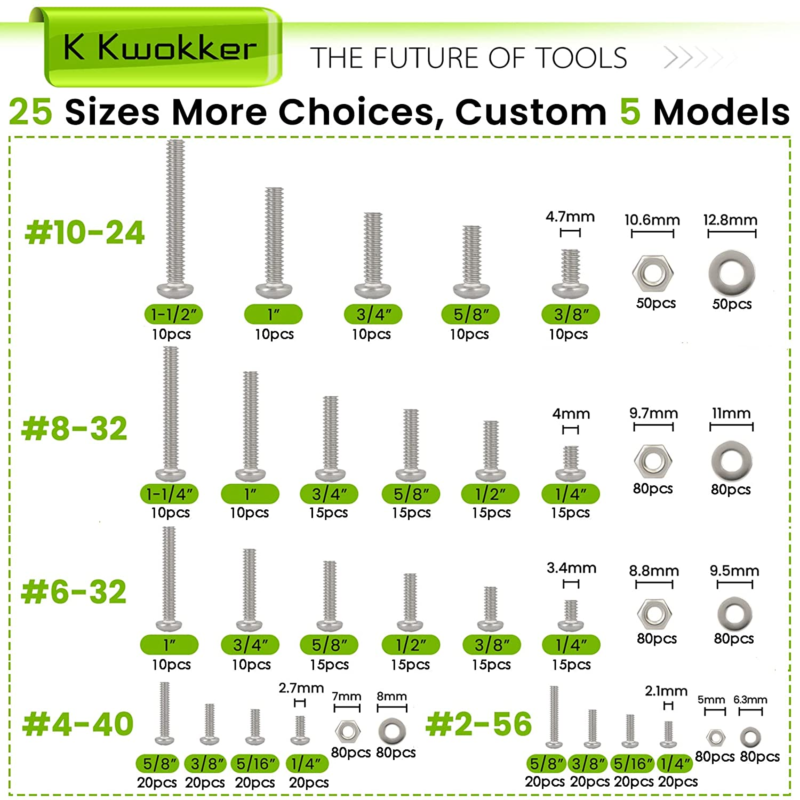 1110Pcs #2-56#4-40#6-32#8-32#10-24 Nuts and Bolts Assortment Kit