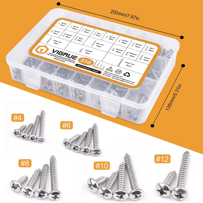 510Pcs Stainless Steel Wood Screws Assortment Kit, 4#6#8#10#12 Phillips Pan Head