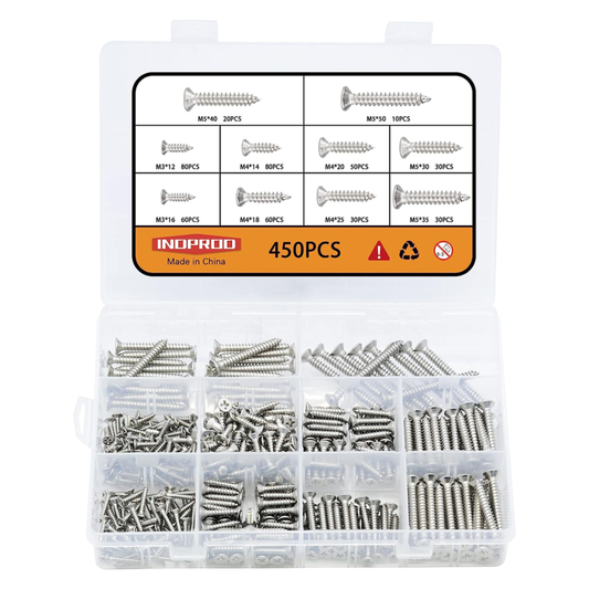 M3 M4 M5 Wood Screws Assortment Kit 450Pcs,304 Stainless Steel Self-Tapping Scre