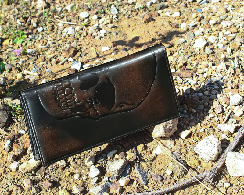 Skull Long Rodeo Wallet for Men, Rfid Blocking, Full Grain Leather  