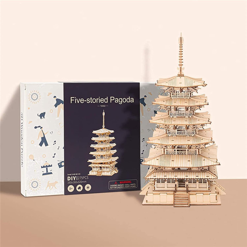 3D Puzzles for Adults Kids, DIY Wooden Model Kit - Five-Storied Pagoda (275 PCS)