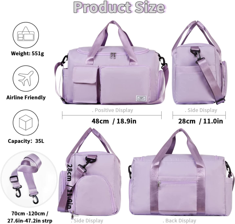 Womens Mens Sports Gym Duffle Bag with Shoe Compartment, (Light Purple)