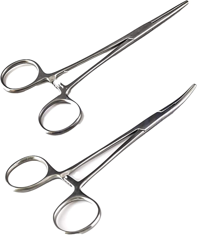 Pair of Fishing Forceps, Straight and Curved, Stainless Steel 