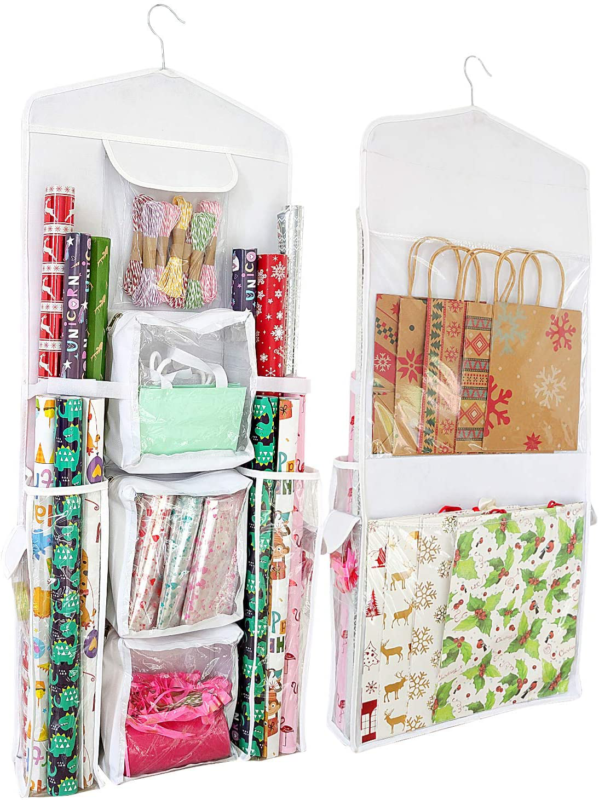 SumDirect White 16x40 Inch Double Sided Hanging Gift Wrap Organizer, Wrapping Pa
