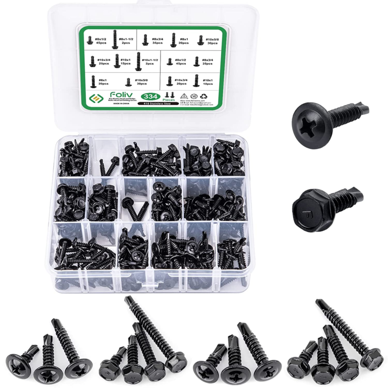 334PCS #8 & #10 Black Self Tapping Screws, 410 Stainless Steel Metal Assorted Sc