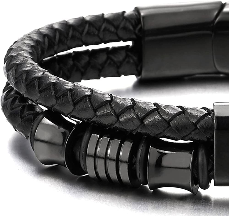 COOLSTEELANDBEYOND Mens Double-Braided Leather Bracelet Bangle Wristba