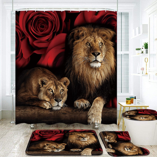 4PCS Red Rose and Lion Shower Curtain Set with Non-Slip Rugs, Toilet Lid Cover a