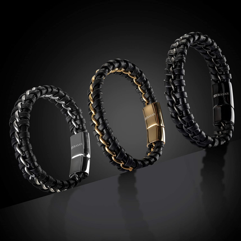 Premium Genuine Leather Bracelet for Men in Black Magnetic Stainless Steel Clasp