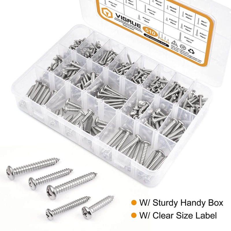 510Pcs Stainless Steel Wood Screws Assortment Kit, 4#6#8#10#12 Phillips Pan Head