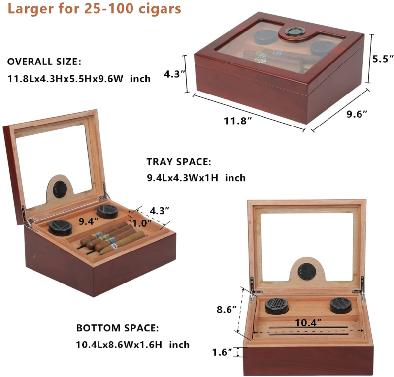 Humidor Cigar Box Top Display, Cigar Humidor with 3 Humidifiers