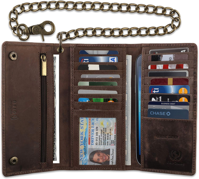 RFID Blocking Mens Tri-fold Long Style Cowhide Leather Steel Chain Wallet, (ONE,